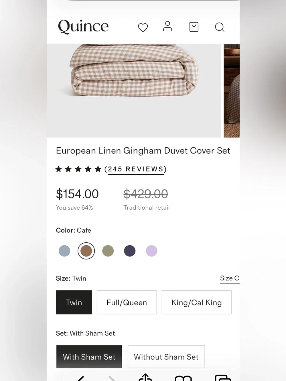 Quince European Linen 2 Piece Gingham Duvet Cover Set, Twin (Cafe/White)